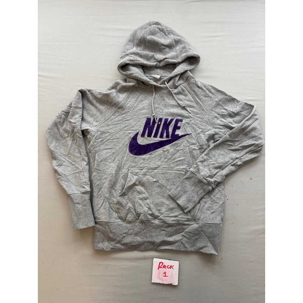 Nike Sportswear Hoodie Mens Large Gray Purple Logo Pullover Raglan Sweatshirt